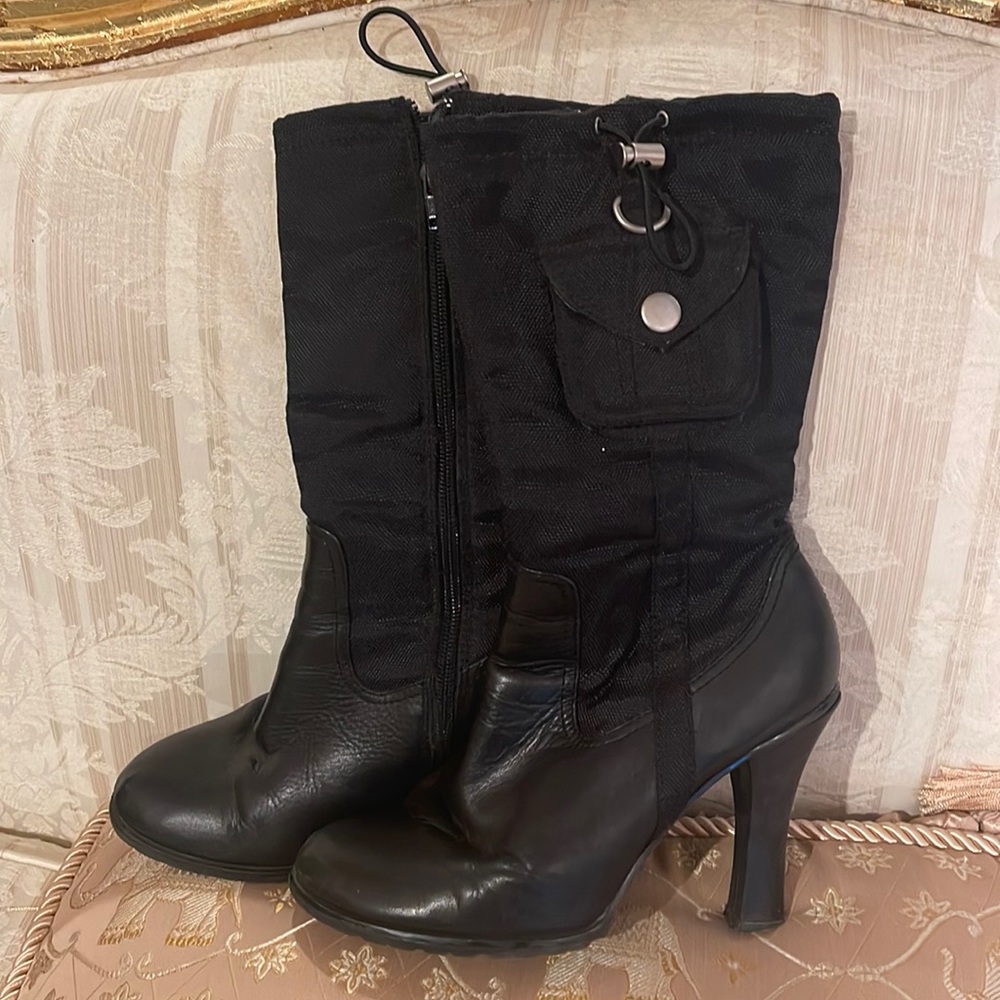 Black high heel sexy leather and gortex boots with cute side pockets 7.5B